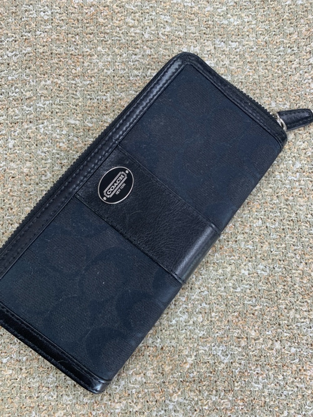 Coach Black Signature Zip Wallet with Logo Plaque